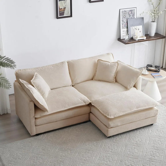 Deep Seat Sectional Sofa, 76.7" Comfy Cloud Couch loveseat with Ottoman, Modern Chenille Upholstered Modular Sofa L Shaped Couch