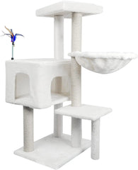 Multifunction Cat Tree with Cozy Hammock & Hanging Ball, Cat Tower with Activity Cat Condo Jute-Covered Scratching Posts, Grey