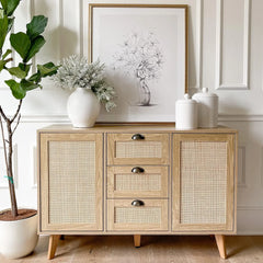 Rattan Cabinet with Doors - Buffet Sideboard Cabinet with Drawers Credenza, 3 Door Storage Cabinet