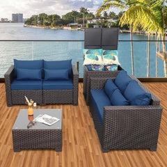 Outdoor Courtyard Furniture Set, Willow Sofa with Cushions and Coffee Table, Garden Outdoor Sofa Set, 4 Pcs