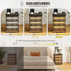 Bedside Table Set of 2 with Charging Station, LED Night Stand with Gun Drawer, Farmhouse Nightstands for Bedroom, End Table Rust