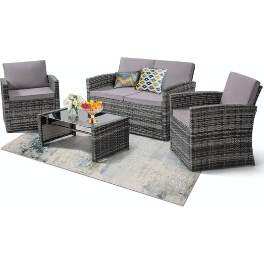 4 Piece Patio Conversation Set, Outdoor Wicker Sectional Furniture with Sofa, 2 Chairs, and Coffee Table, for Porch, Deck, Grey