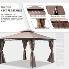 10 'x13' Outdoor terrace Terrace Heavy steel frame canopy, double roof, Privacy curtains (brown)
