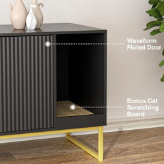 Cat Litter Box Enclosure, Fluted Hidden Litter Box Furniture with Scratch Pad and Metal Legs, Modern Enclosed Cat Cabinet
