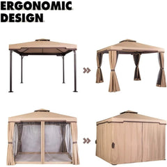 10' x 10' All-Season Permanent Soft-Top Patio Gazebo, Outdoor Gazebo Canopy with Net Drapery Mosquito Netting and Shade Curtains