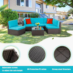 6 Piece Small Patio Furniture Sets, All Weather PE Wicker Rattan Outdoor Sectional Sofa with Glass Table, Cushions and Pillows