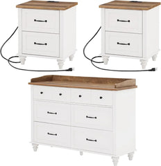 3 Piece Dresser and Nightstand Sets, White Dresser & Chests of Drawers with 6 Drawers and Metal Handle