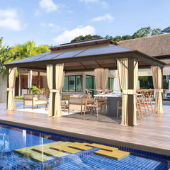 12' x 20' Gazebo Polycarbonate Double Roof Canopy with Aluminum Frame, Outdoor Permanent Metal Pavilion with Netting