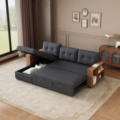 Pull-Out Couch with Storage Chaise and Armrests, Convertible Sectional Sleeper Sofa Bed with Removable Back Cushions