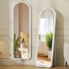63"x18" Arched Full Length Mirror with Solid Wood Frame, Wooden Floor Mirror with Stand, Leaning/Hanging Full Body Mirror