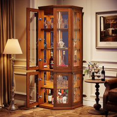 Corner Bar Cabinet, Tall Modern Wine Cabinet with Doors & LED Lights, 5-Tier Liquor Bar Cabinet, Home Bar for Dining Room