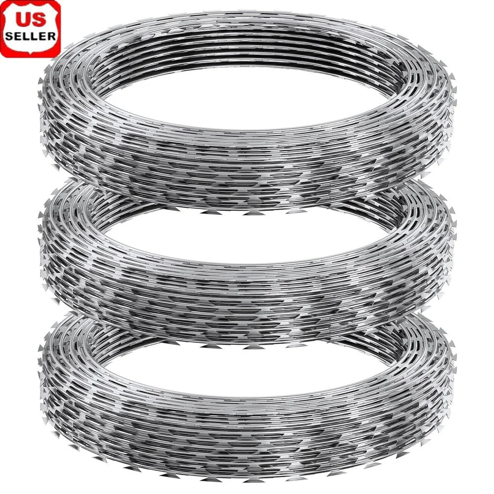 Galvanized Razor Wire Fencing 147ft 3-Pack Durable Barbed Wire Security Garden Wildlife Deterrent Installation Gloves Included