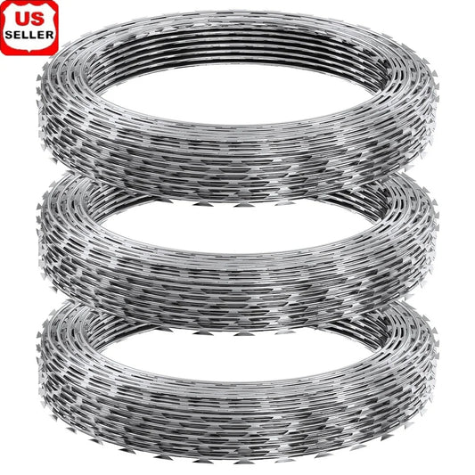 Galvanized Razor Wire Fencing 147ft 3-Pack Durable Barbed Wire Security Garden Wildlife Deterrent Installation Gloves Included