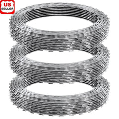 Galvanized Razor Wire Fencing 147ft 3-Pack Durable Barbed Wire Security Garden Wildlife Deterrent Installation Gloves Included