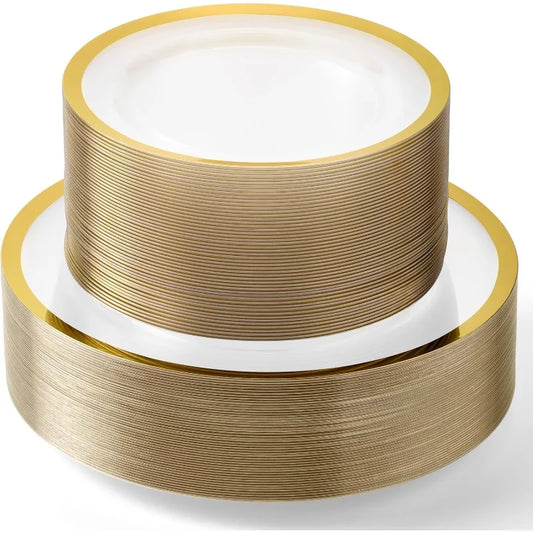 HEAVYWEIGHT 100 Pcs Clear and Gold Plastic Plates for Party | 50 Dinner & 50 Dessert Plates | High End Disposable Plates