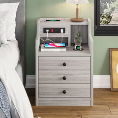 Bedside Table Set of 2 with Charging Station and Storage, Bedroom Bedside Table Set of 2