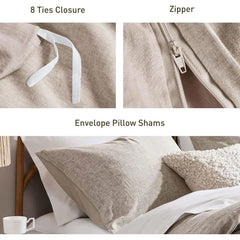 Linen Cotton Blend Duvet Cover Set Organic Natural Soft Bedding Queen Size 3Pcs Textured Minimalist Design Eco-Friendly Home