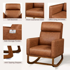 Leather Living Room Chair, Rocking Accent Chairs, , Accent Rocker Armchair, Nursery Glider Chair with High Back and Side Pocket