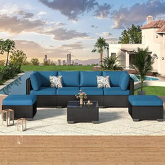 7 Piece Outdoor Patio Furniture Set, PE Rattan Outdoor Grey Wicker Furniture, Outdoor Sectional Furniture Chair Set with Cushion