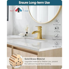 Gold Bathroom Sink Faucet 1 Hole, Brass Waterfall Faucet for Bathroom Sink, Gold Pop up Drain with Anti-Clogging Removable Stop