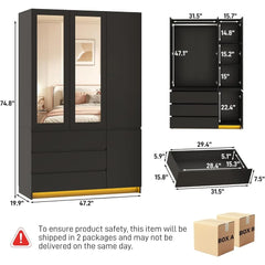 3 Doors Armoire Wardrobe Closet with 3 Drawers & Mirror, Modern Wooden Bedroom Armoires with Hanging Rod Led Lights for Bedroom,