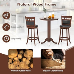 3 Piece Wood Bar Table Set for 2, Round Pub Table with Pedestal Base & 2 Upholstered Swivel Stools with Footrest