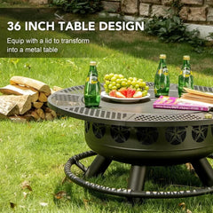 36 Inch Fire Pit with Cooking Grill,Outdoor Wood Burning BBQ Firepit with Lid, 3-in-1 Outdoor Fire Pit for Backyard Deck Bonfire