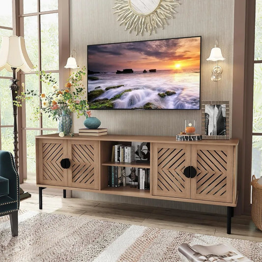 63'' TV Stands for Living Room, TV Console with 2-Layer Shelves, Modern Entertainment Center Television Stands with Storage, Wo