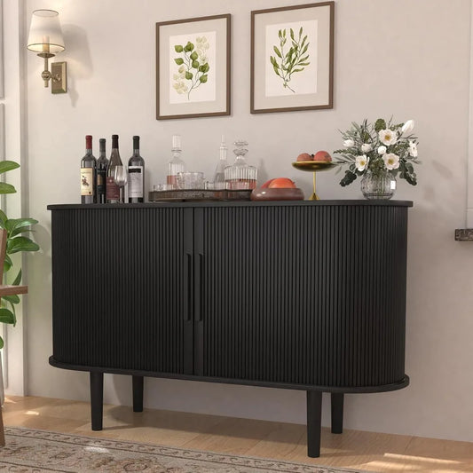 Sideboard Tambour Buffet Cabinet with Storage, Storage Cabinets with Sliding Doors and Handles, Adjustable Shelves