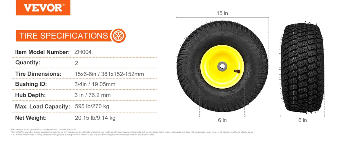 VEVOR Lawn Mower Tires with Rim 13x5-6" Tubeless Tractor Tires 2-Pack Tire and Wheel Assembly Flat-free PU Tires 3.25"-5.9"