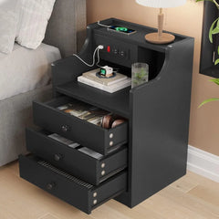 Bedside Table Set of 2 with Charging Station and Storage, Bedroom Bedside Table Set of 2