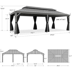 12' x 24' Outdoor Hardtop Gazebo with Netting and Curtains Galvanized Steel Double Roof and Aluminum Frames Permanent Light Grey