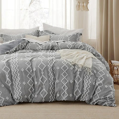 Boho Duvet Cover King Size - Checkered King Duvet Cover Set for All Seasons, 3 Pieces Soft Shabby Chic Embroidery Boho Bedding