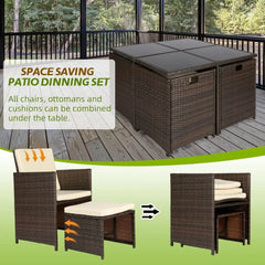 9 Pieces Patio Dining Sets Outdoor Conversation Sets, Space Saving Wicker Chairs with Glass Table and Ottomans,Cushioned Seating