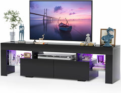 70-Inch Modern TV Stand with LED Lights & Storage – Entertainment Center with Drawer & Glass Shelves