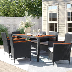 7 Piece Patio Dining Set Outdoor Acacia Wood Table and Chairs with Soft Cushions Wicker Patio Furniture for Deck,Backyard,Garden