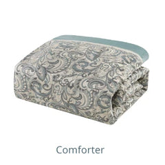 24 Piece Faux Silk Paisley Queen Comforter Set with Matching Curtains, Down Alternative Hypoallergenic - Teal