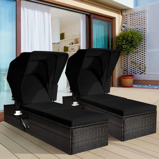 2 Pieces Patio Lounge with Canopy Outdoor Reclining Chair with Adjustable Backrest Rattan Wicker Lounge Daybed