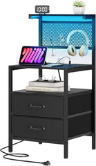 Tall Nightstand with Charging Station and LED Lights, Large Night Stands with Fabric Drawers, Bedside Table with Storage Shelves