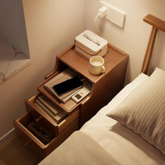 Solid Wood Nightstand with Drawers, Walnut Bedside Table for Bedroom