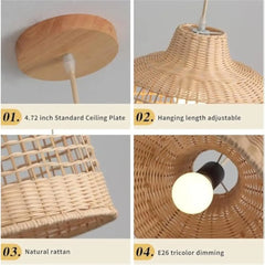 Rattan Pendant Lights, Hand-Woven Large Wicker Chandelier Boho Pendant Light Bamboo Basket Hanging Light for Bedroom Dining Roo