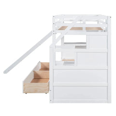 Wood Twin Over Twin Bunk Bed with Desk and Slide,Drawers Bookcase and Storage Staircase for Kids, White