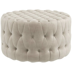 Beige Button-Tufted Ottoman Footstool – Velvet-Feel Upholstery, Elegant Round Design