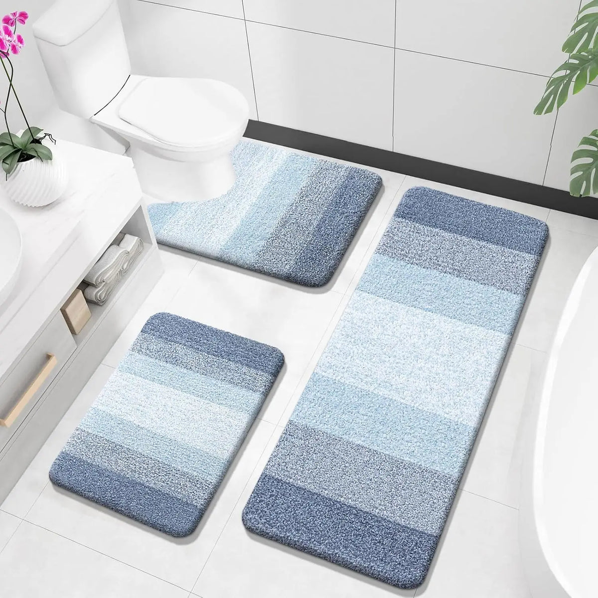 Bathroom Rugs Sets 3 Piece, Soft Absorbent Microfiber Bath Rugs and U-Shaped Contour Toilet Rug Area Rug Set