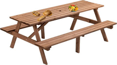6 Person Outdoor Picnic Table, Round Picnic Table with 3 Built-in Benches, Umbrella Hole,Outside Wood Picnic Table and Bench Set