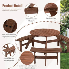 6 Person Outdoor Picnic Table, Round Picnic Table with 3 Built-in Benches, Umbrella Hole,Outside Wood Picnic Table and Bench Set