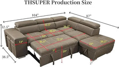 Microfiber Sectional Sleeper Sofa with Pull-Out Bed, Adjustable Headrests & Storage