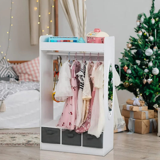 Large Dress up Storage w/Mirror, Kids Costume Organizer, Portable Closets with 3 Non-Woven Drawers, Kids Costume Closet