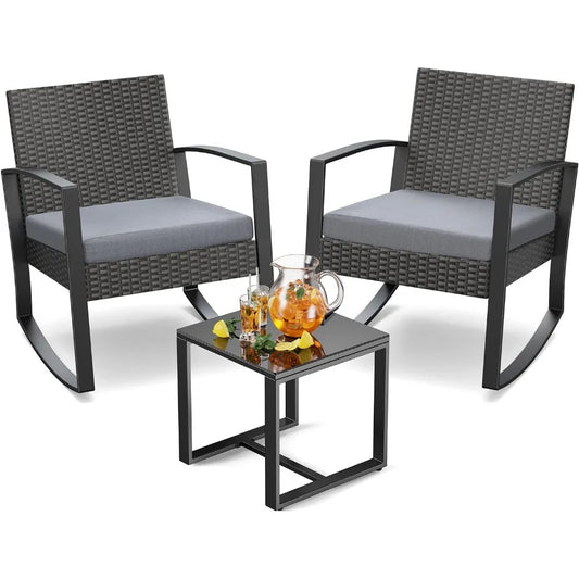 3 Piece Wicker Patio Furniture Set, Outdoor Rocking Chairs, Outdoor Furniture with Table & Cushions, Patio Chairs for Balcony