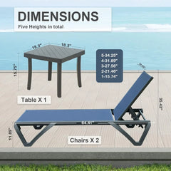 Pool Lounge Chairs Set of 3, Adjustable Aluminum Outdoor Chaise Lounge with Side Table, Sun Loungers